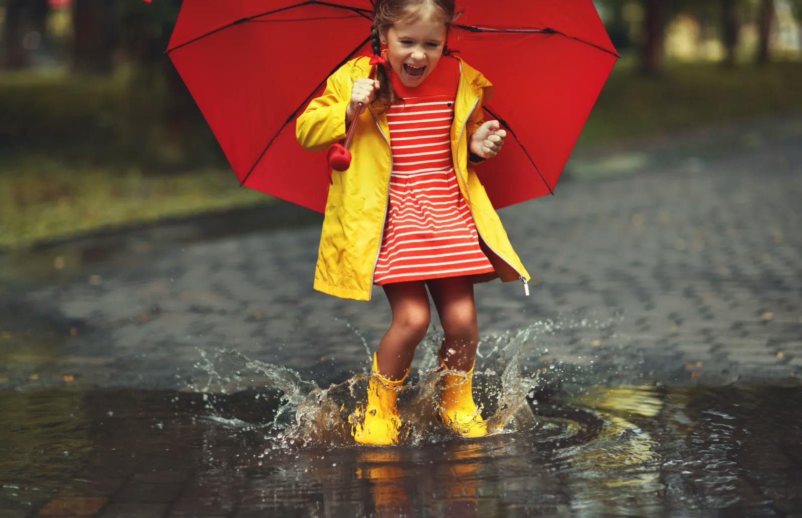 Toddler girl with yellow rain jacket and gum boots playing in the puddle
